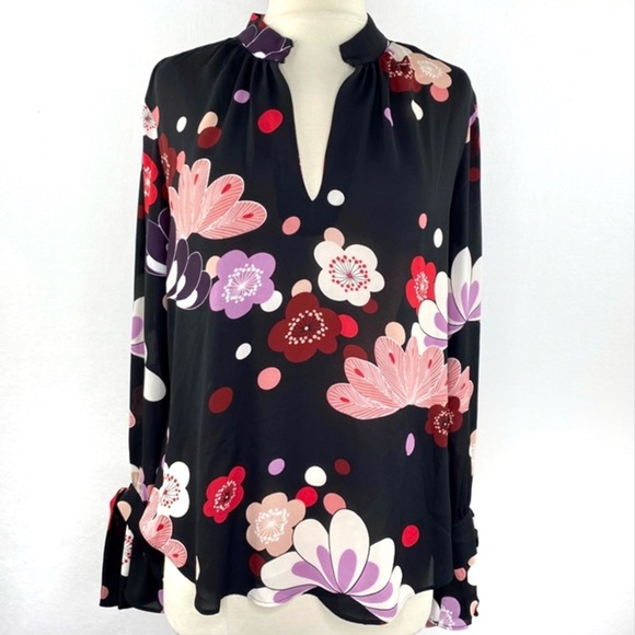 Ann Taylor Bow Cuff Black Blouse with Multicolor Floral Pattern. Size S - Picture 2 of 11